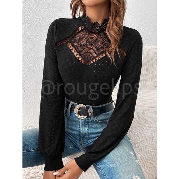 Black Lace Guipure Eyelet Mock Neck Long Sleeve Tee Shirt Fitted - Picture 3 of 7